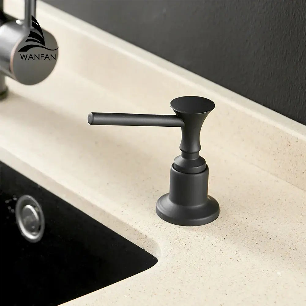 Modern chrome liquid soap dispenser with black matte metal finish and sleek horizontal lever for kitchen use