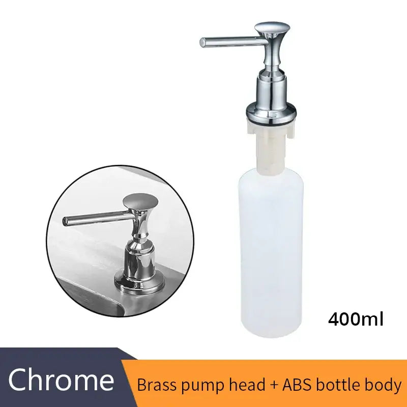 Modern chrome liquid soap dispenser with chrome brass pump head and 400ml sleek cylindrical abs bottle body
