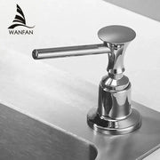 Shiny chrome liquid soap dispenser with flat top and sleek modern design for kitchen use