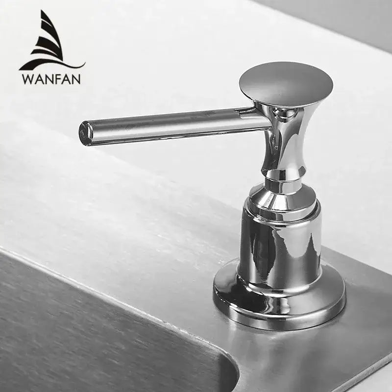 Shiny chrome liquid soap dispenser with flat top and sleek modern design for kitchen use