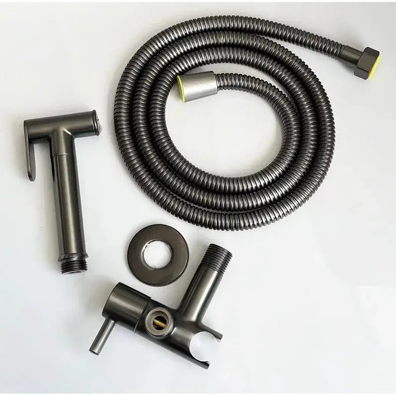 Modern chrome and matte black bidet spray set with metal faucet, flexible hose, and matching handheld spray nozzle