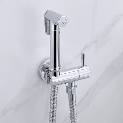Modern chrome and matte black bidet spray set featuring a wall-mounted chrome finish spray set with flexible hose