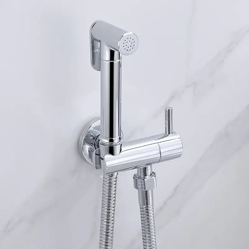 Modern chrome and matte black bidet spray set featuring a wall-mounted chrome finish spray set with flexible hose