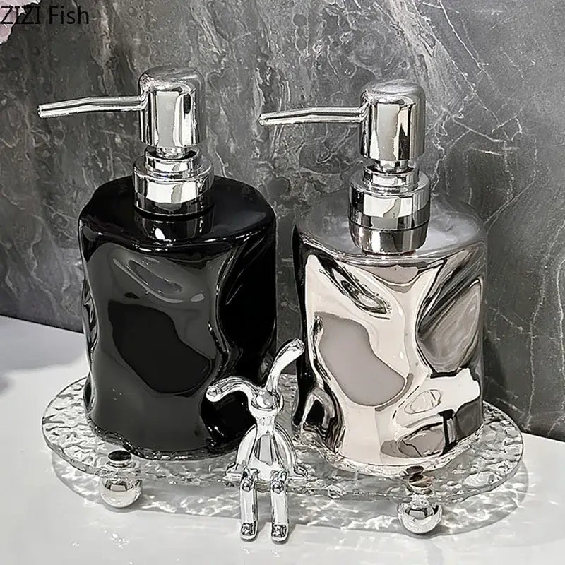Black and chrome liquid soap dispensers with glossy sculpted design from modern chrome and matte white decorbites wrinkle ceramic set