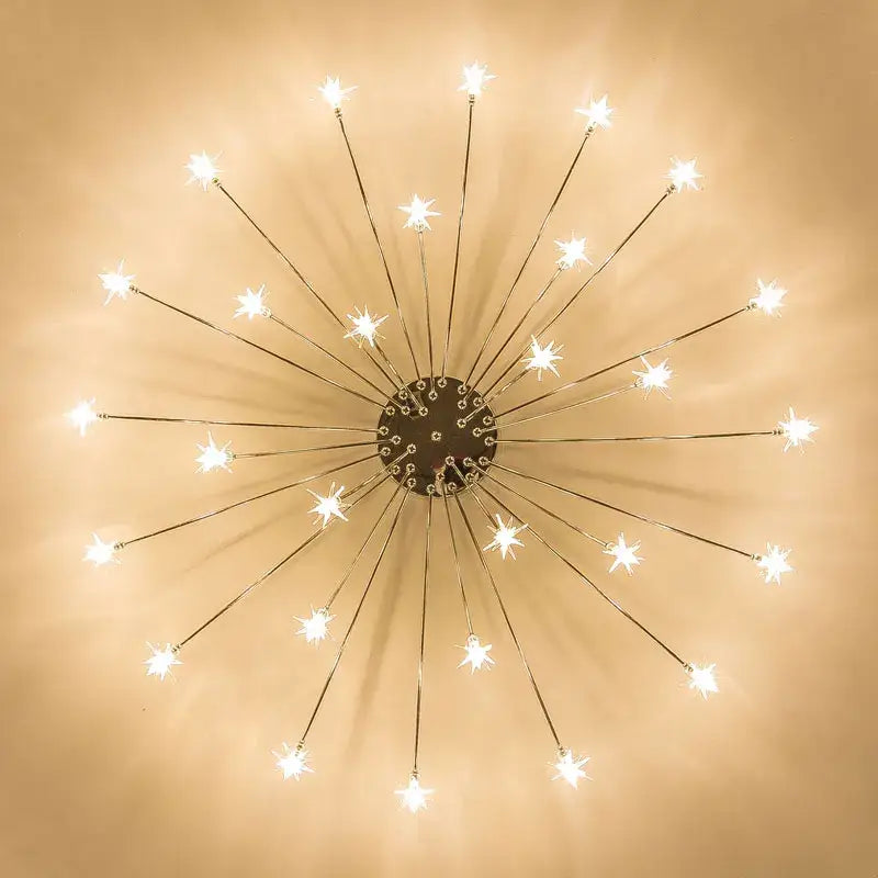 Modern chrome metal led chandelier starburst ceiling light with slender metallic arms and bright led bulbs for living room decor