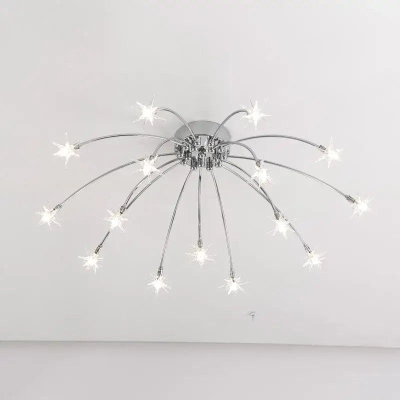 Modern chrome metal led chandelier starburst ceiling light with multiple slender arms and bright white led fixtures