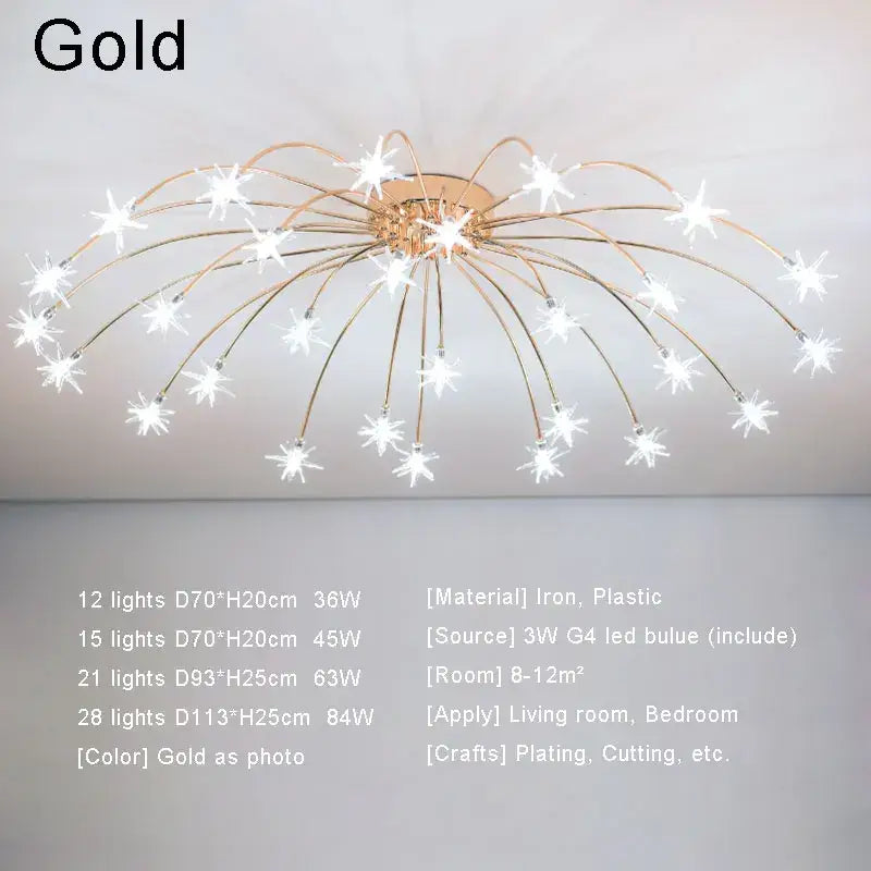 Modern chrome metal led chandelier starburst light fixture with 12 to 28 gold-colored led bulbs for living room decorbites chrome metal led