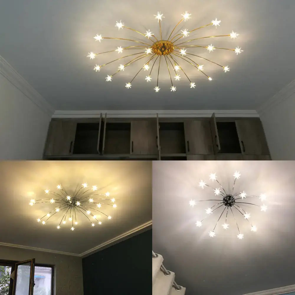 Modern chrome metal led chandelier starburst ceiling light with gold-toned design and glowing white led stars decorbites chrome metal