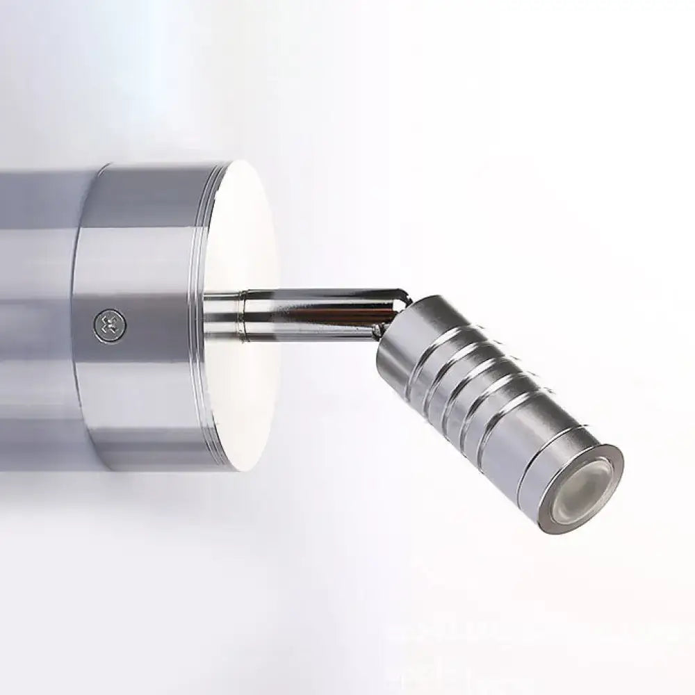 Modern chrome mini tubed wall lamp with adjustable spotlight and concentric ridges for white warm bathroom lighting