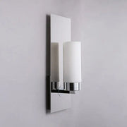 Modern chrome opal glass tube wall light with sleek rectangular backplate and frosted white opal glass shade for bedroom