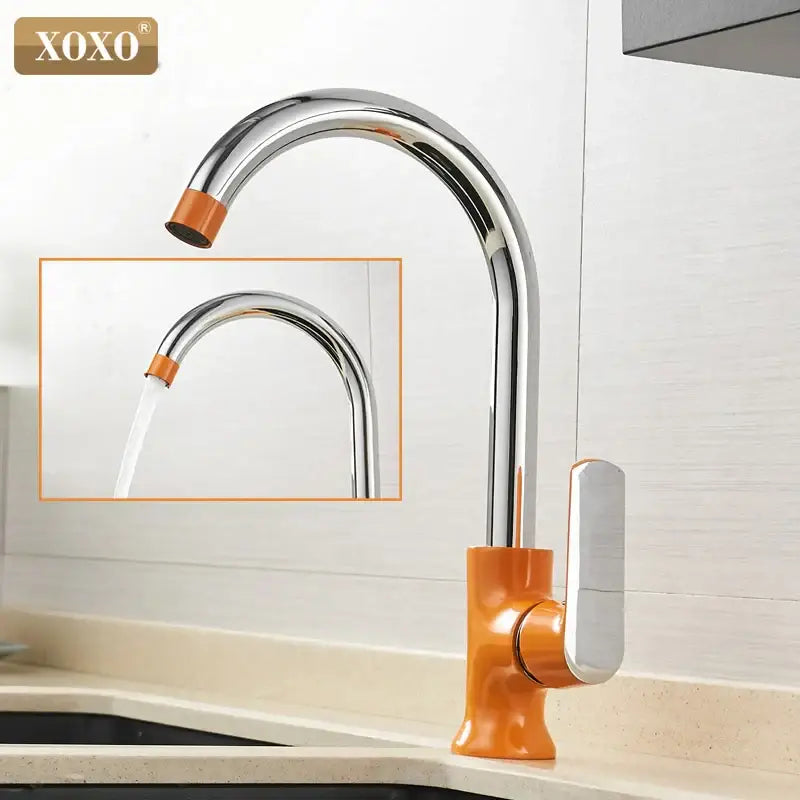 Modern chrome and orange single handle kitchen faucet mixer tap with arched spout and decorbites brass single handle design