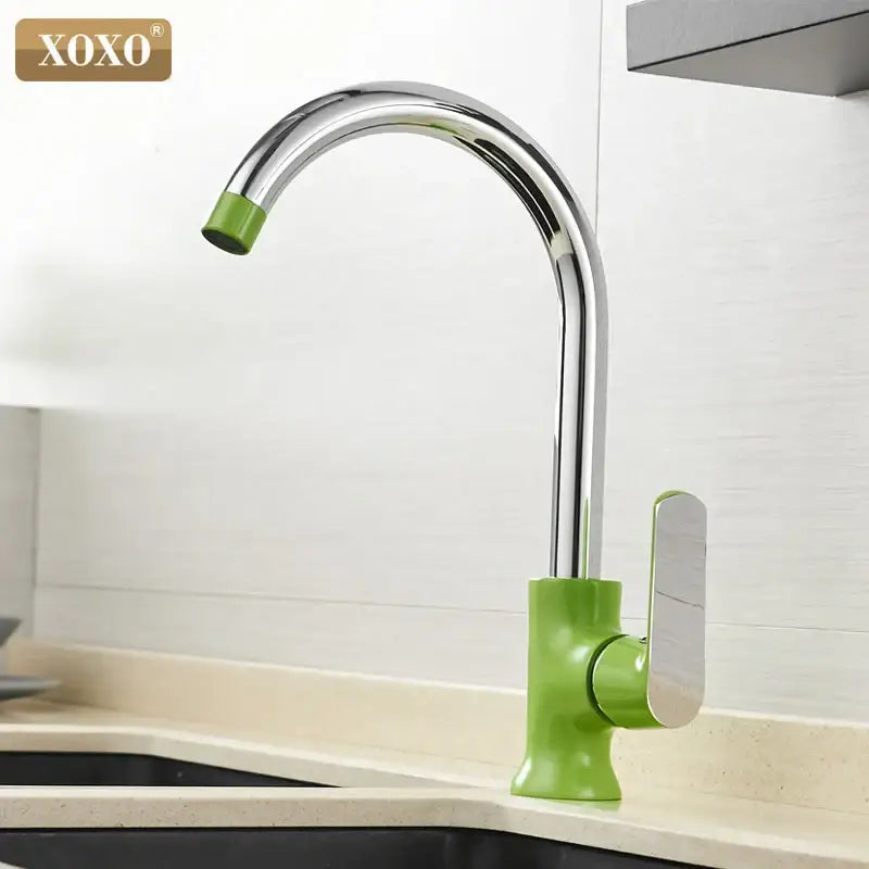 Modern chrome and green single handle kitchen faucet with vibrant base and spout tip decorbites brass single design