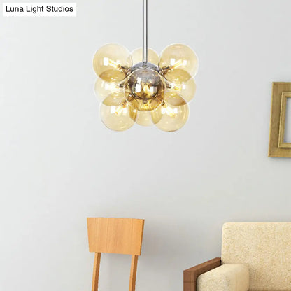 Lámpara de techo colgante moderna cromada con pantalla de cristal ámbar - Lámpara esférica de 9 luces