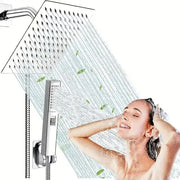 Modern chrome rain pressure spray head shower set with sleek square rain shower head and matching handheld unit by decorbites black