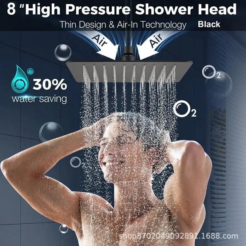 Black 8-inch decorbites rain pressure spray head with thin design and air-in technology for modern bathroom use