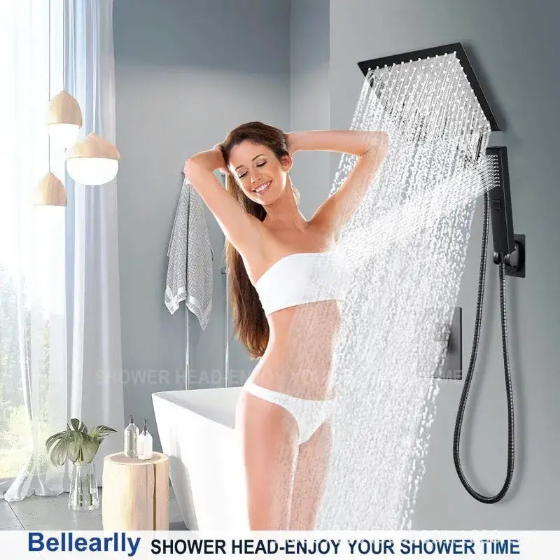 Black square rainfall shower head with sleek modern design featuring decorbites black rain pressure spray functionality