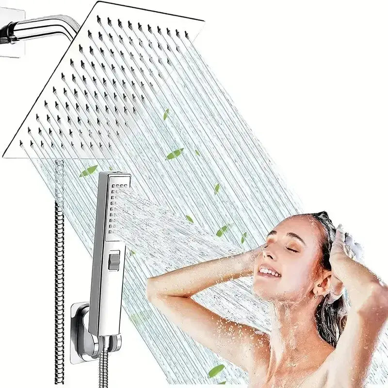 Modern chrome rain pressure spray head shower set with sleek square rain pressure spray and matching handheld unit