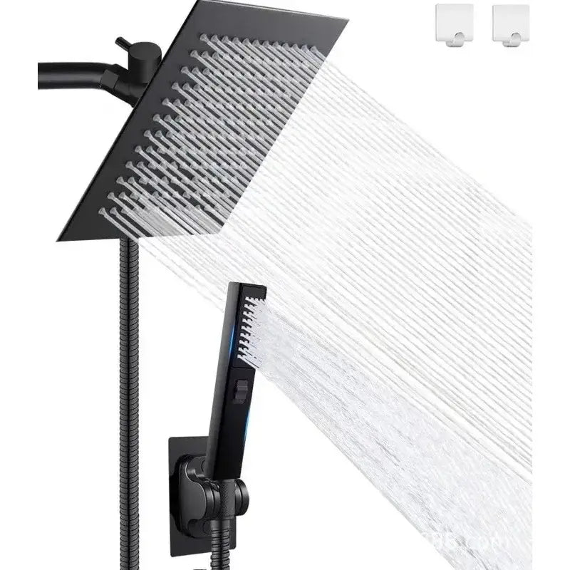 Black matte rain pressure spray head shower set with square pressure spray head and matching handheld unit by decorbites black