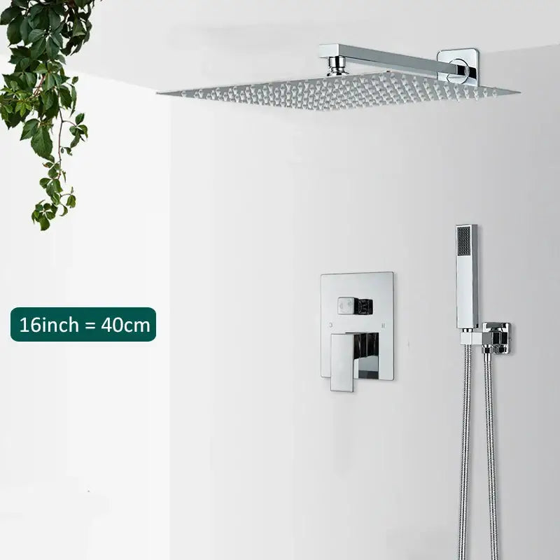 Modern chrome rainfall shower faucet with a chrome-finished square rain showerhead and minimalist design for bathrooms