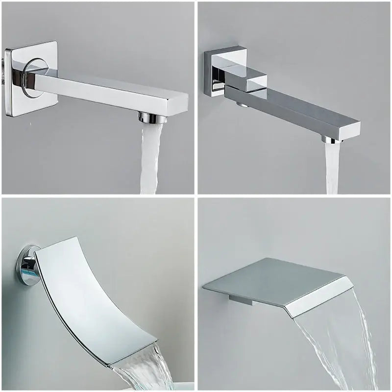 Modern chrome rainfall shower faucet system with wall-mounted chrome faucets featuring sleek geometric waterfall spouts