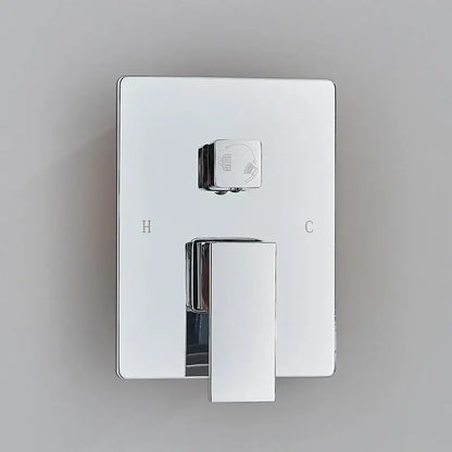 Modern chrome shower faucet with sleek rectangular wall-mounted mixer and dual control knobs for hot and cold water