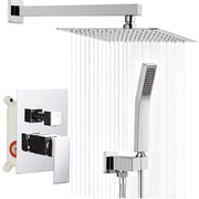 Modern chrome rainfall shower faucet system with square rainhead, handheld spray with black grid, and wall-mounted control panel