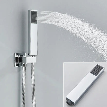 Modern chrome rainfall shower faucet with a rectangular chrome-finished shower head and multiple spray nozzles