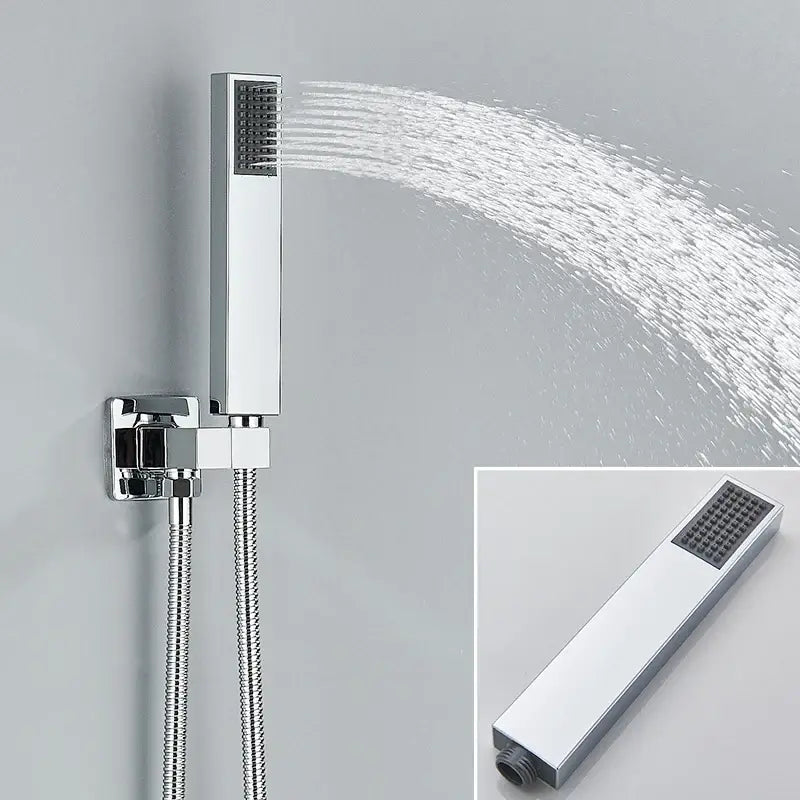 Modern chrome rainfall shower faucet with a rectangular chrome-finished shower head and multiple spray nozzles