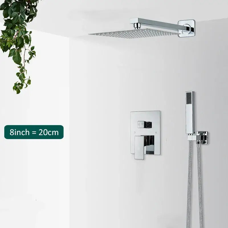 Modern chrome rainfall shower faucet system with a square rain shower head and minimalist chrome finish design