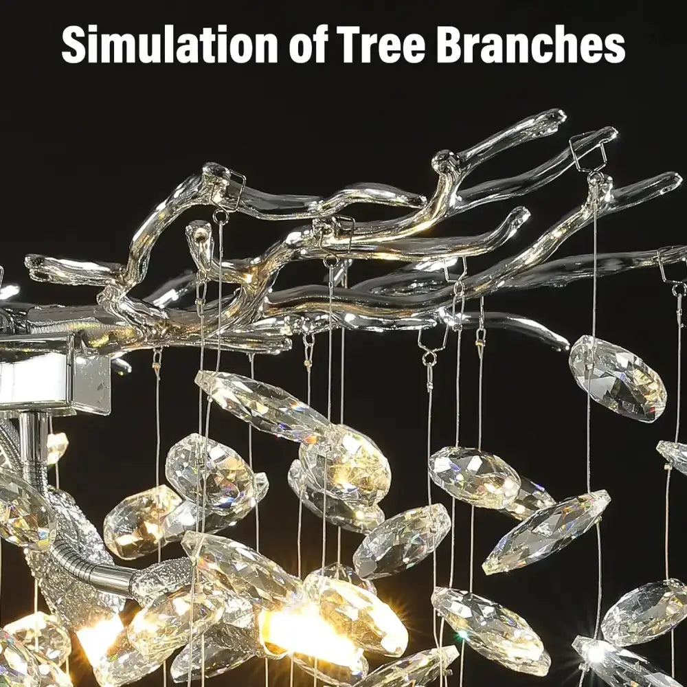 Modern chrome rectangular crystal branch chandelier with decorbites crystal branch and faceted crystal leaves for dining room decor