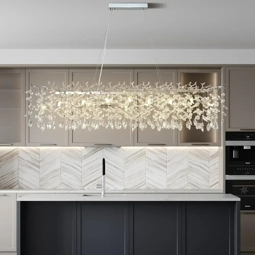 Modern chrome rectangular crystal branch chandelier with dangling crystal leaves for dining room decorbites crystal branch