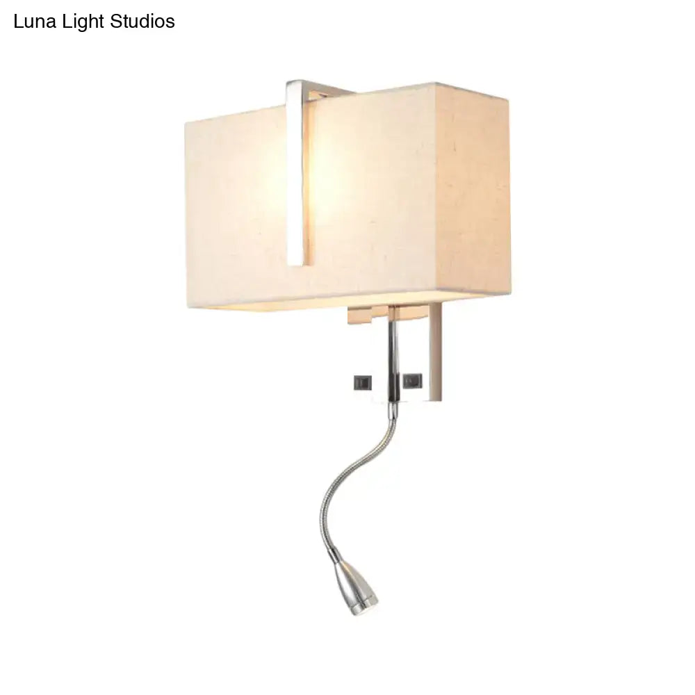 Modern chrome rectangular fabric wall sconce with cream shade and adjustable gooseneck reading light e26 e27 bulb compatible