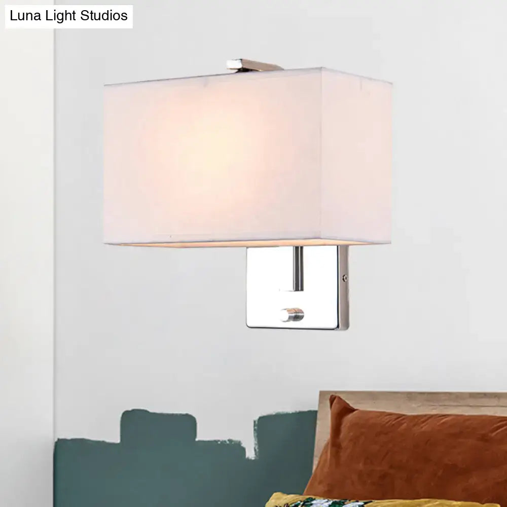 Modern chrome rectangular fabric wall sconce with off-white shade and chrome base compatible with e26 e27 bulbs for living room lighting
