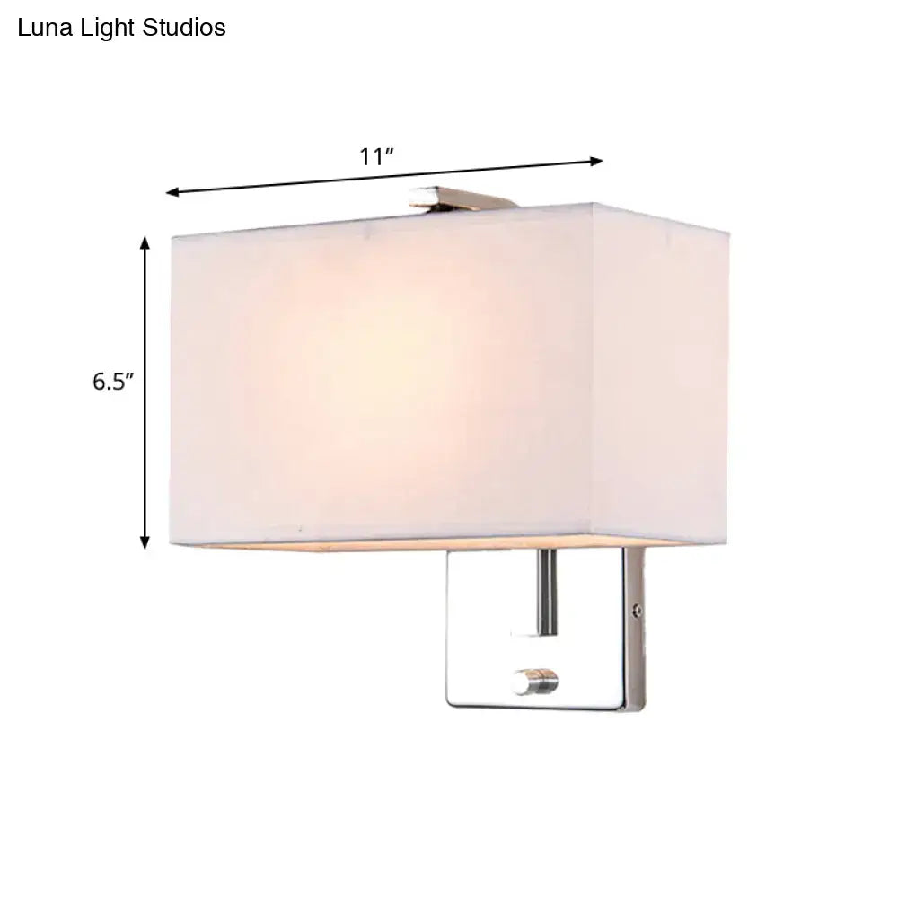 Modern chrome rectangular fabric wall sconce with soft white shade and polished metal base compatible with e26 e27 bulbs