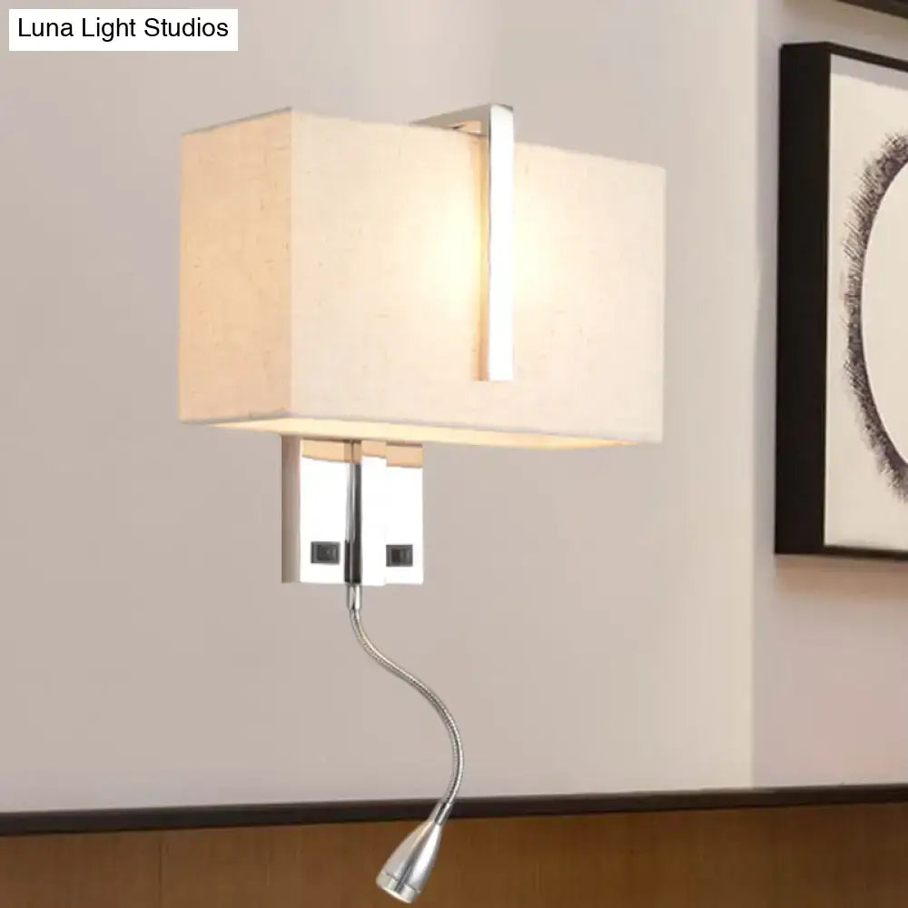 Modern chrome rectangular fabric wall sconce with cream shade and adjustable gooseneck reading light e26 e27