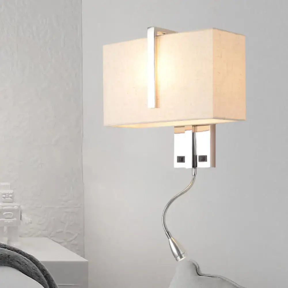 Modern chrome rectangular fabric wall sconce with beige shade and e26 e27 sockets for living room lighting