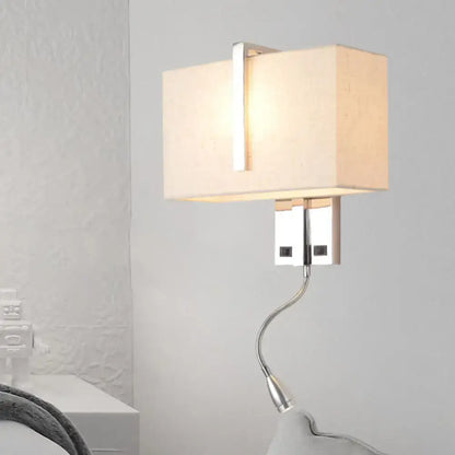 Modern chrome rectangular fabric wall sconce with beige shade and e26 e27 sockets for living room lighting