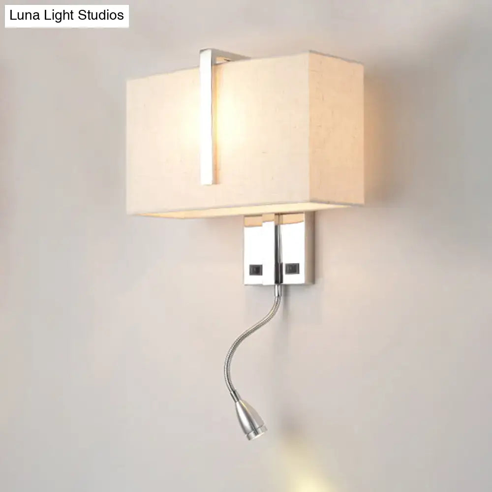 Modern chrome rectangular fabric wall sconce with beige shade and adjustable gooseneck reading light e26 e27 bulbs