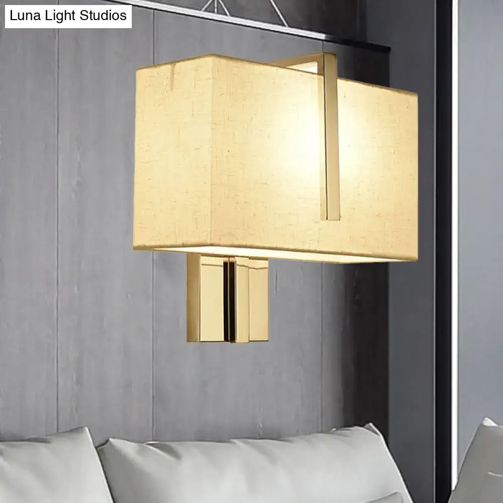 Modern gold-finished wall sconce with rectangular beige linen shade compatible with e26 e27 bulbs for living room lighting