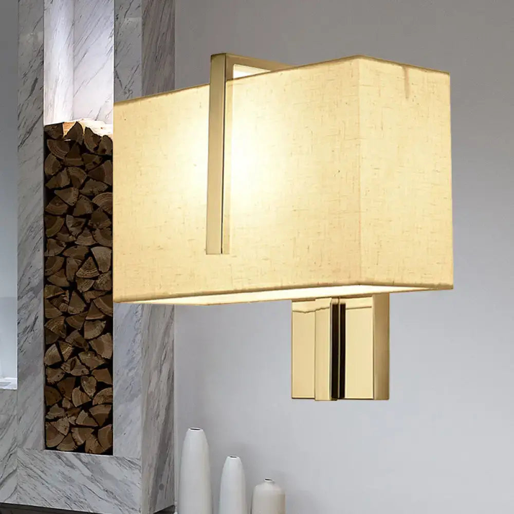 Modern chrome rectangular fabric wall sconce with gold-toned frame and textured beige shade compatible with e26 e27 bulbs