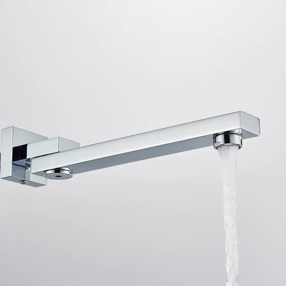 Modern chrome rectangular wall mounted faucet spout with sleek design and flowing water stream for bathroom use