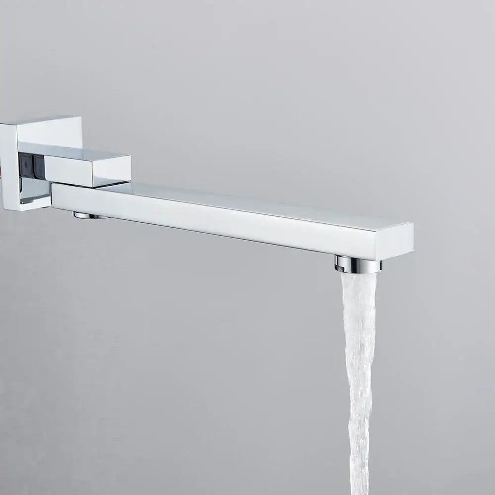 Modern chrome rectangular wall mounted faucet with a sleek mounted faucet spout and square handle for bathroom use