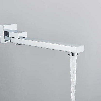 Modern chrome rectangular wall mounted faucet with a sleek mounted faucet spout and square handle for bathroom use