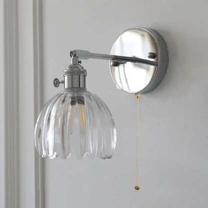 Modern chrome wall lamp with clear ribbed glass shade and decorbites clear glass for bedroom lighting pull chain