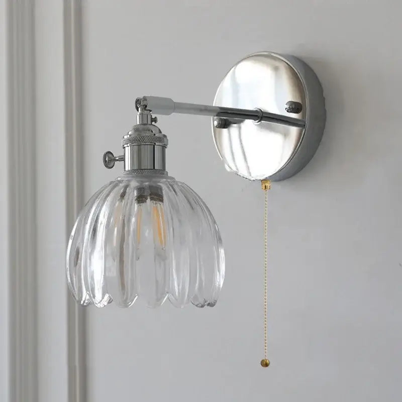 Modern chrome wall lamp with clear ribbed glass shade and decorbites clear glass for bedroom lighting pull chain