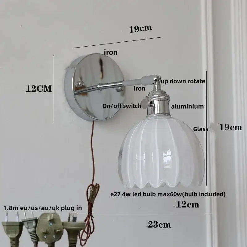 Modern chrome wall lamp with polished chrome iron base and clear glass fluted shade for bedroom decorbites clear glass