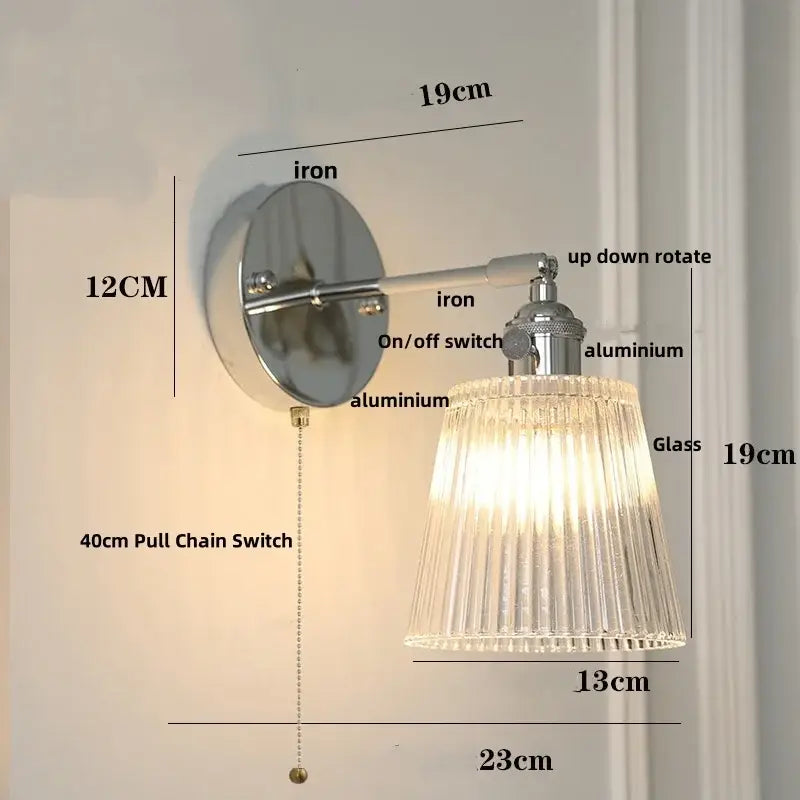Modern chrome ribbed clear glass wall lamp with polished iron and aluminum hardware for bedroom decorbites clear glass