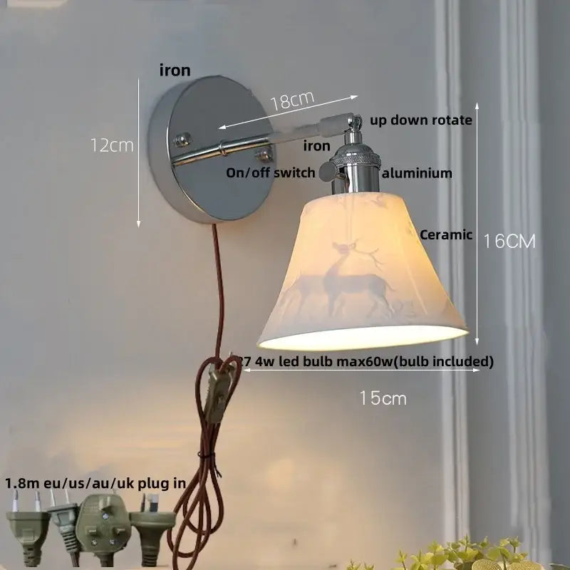 A vintage wall lamp with ceramic deer shade made of iron and aluminum, perfect decorbites clear glass bedroom light