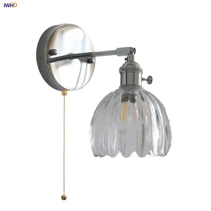 Modern chrome ribbed clear glass wall lamp with brass pull chain for dining room decorbites clear glass wall lamp