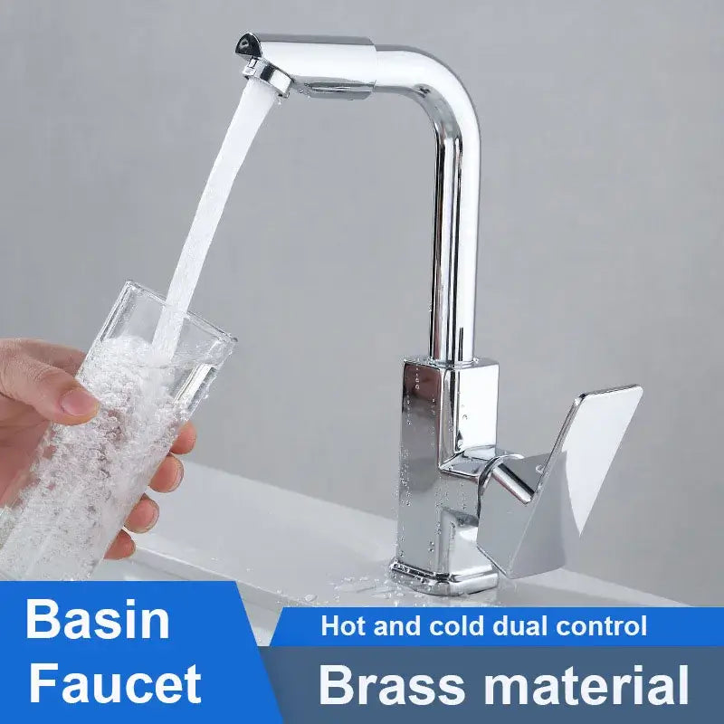 Modern chrome rotating spout faucet kitchen sink tap with chrome-finished brass basin and dual hot cold control handles